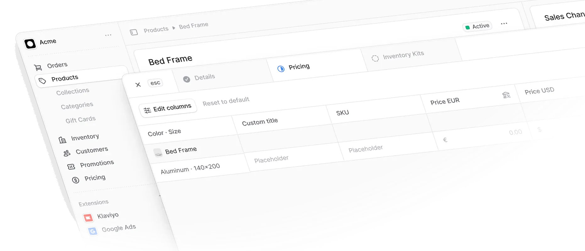 Medusa admin dashboard: a product's pricing table