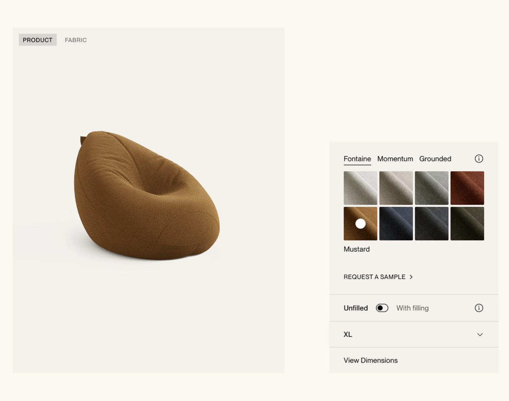A product page: a mustard boucle bean bag beside its fabric swatches and size options